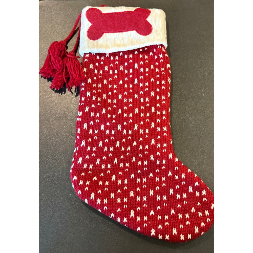 Kohls Dog Cat Large Christmas Stocking Red White Knit Bone Applique Tassel‎
